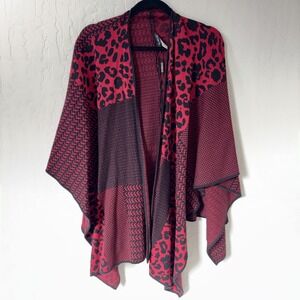 Ming Wang Red Black Leopard Patchwork Knit‎ Wrap Sweater Shawl One Size